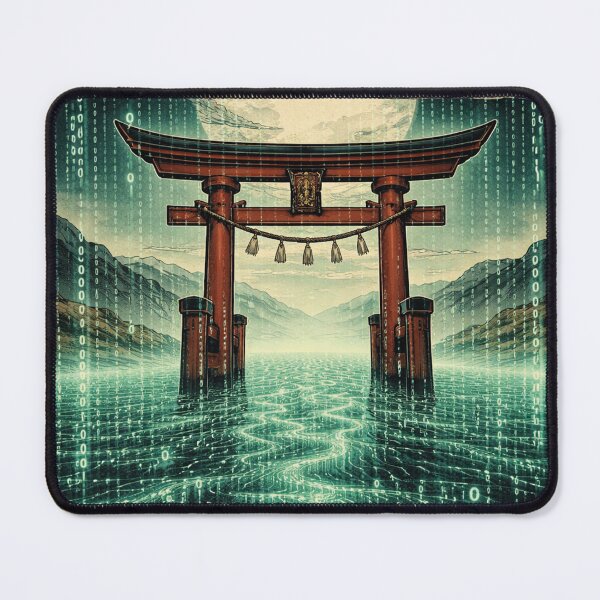 Item preview, Japanese torii gate in a digital sea under a full moon designed and sold by Mauswohn.
