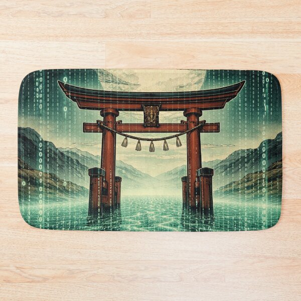 Item preview, Japanese torii gate in a digital sea under a full moon designed and sold by Mauswohn.