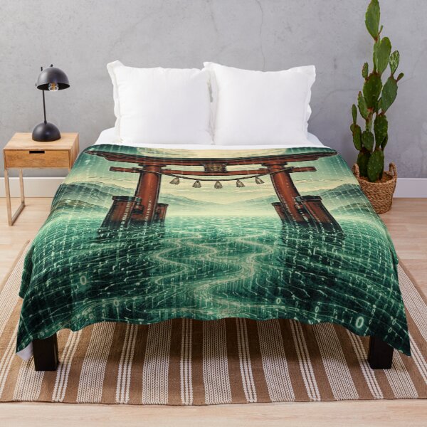 Item preview, Japanese torii gate in a digital sea under a full moon designed and sold by Mauswohn.