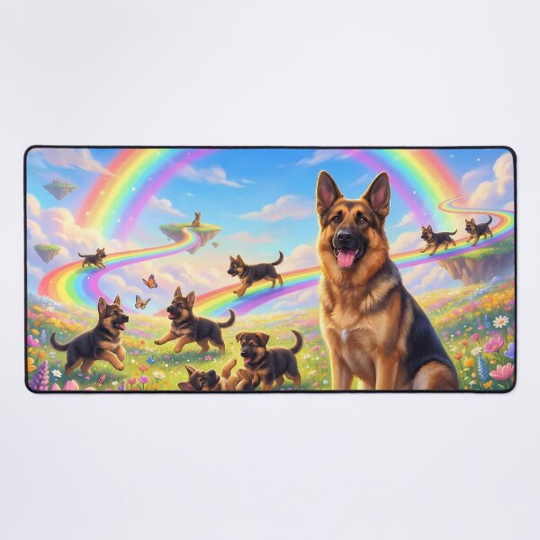 Item preview, German Shepherd in Rainbow Paradise with Playing Puppies designed and sold by PetMemorialArt.
