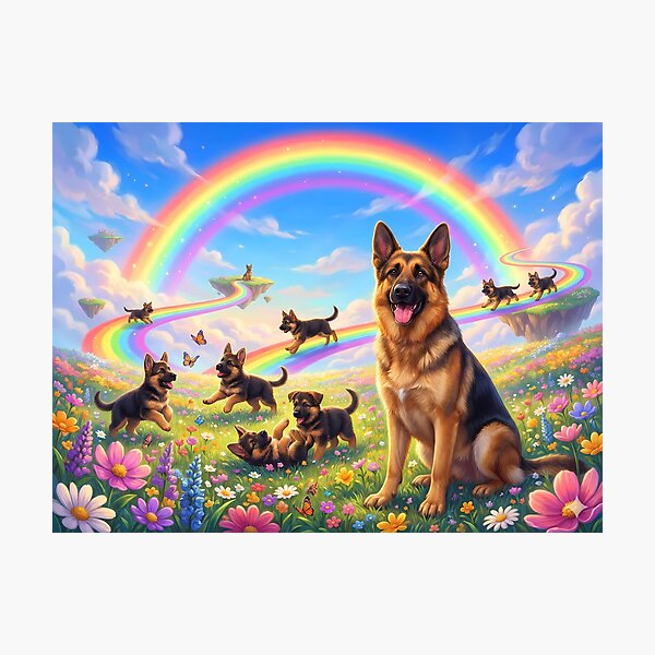 Item preview, German Shepherd in Rainbow Paradise with Playing Puppies designed and sold by PetMemorialArt.