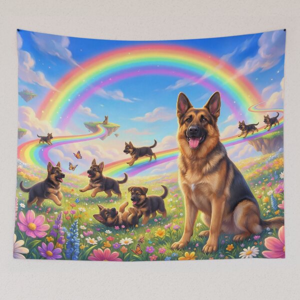 Item preview, German Shepherd in Rainbow Paradise with Playing Puppies designed and sold by PetMemorialArt.