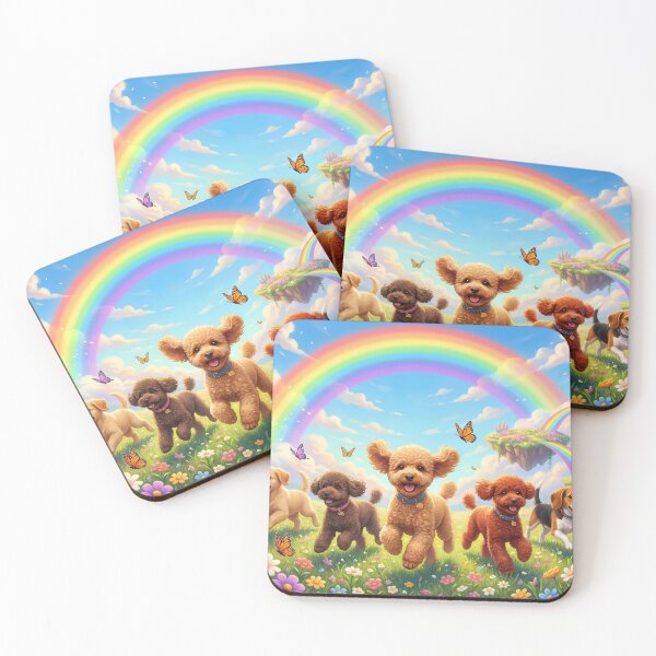 Item preview, Joyful Miniature Poodles Running with Friends Over Rainbow Bridge designed and sold by PetMemorialArt.