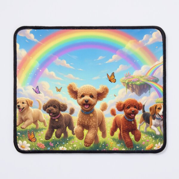 Item preview, Joyful Miniature Poodles Running with Friends Over Rainbow Bridge designed and sold by PetMemorialArt.