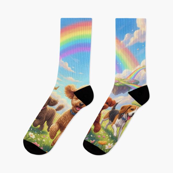 Item preview, Joyful Miniature Poodles Running with Friends Over Rainbow Bridge designed and sold by PetMemorialArt.