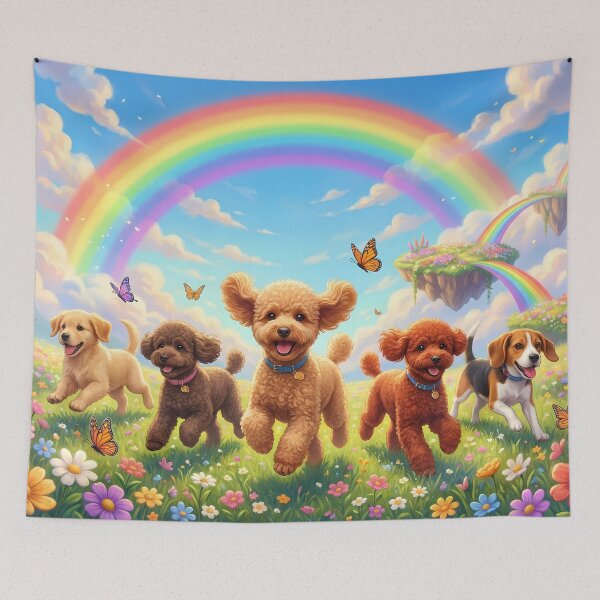 Item preview, Joyful Miniature Poodles Running with Friends Over Rainbow Bridge designed and sold by PetMemorialArt.