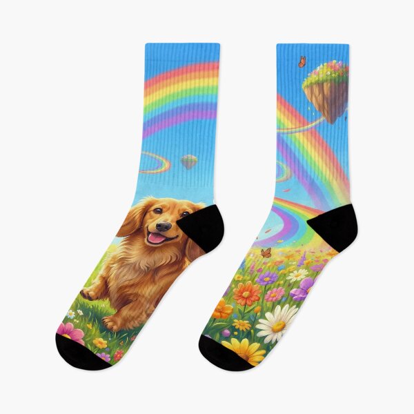 Item preview, Joyful Miniature Dachshund in Rainbow Paradise Flower Field designed and sold by PetMemorialArt.