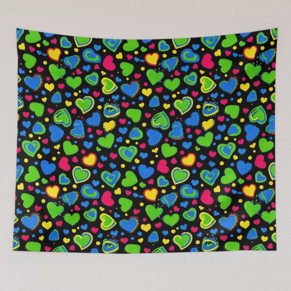 Item preview, Neon Colored Hearts Scattered On Black Space Background designed and sold by Piotrek0001.