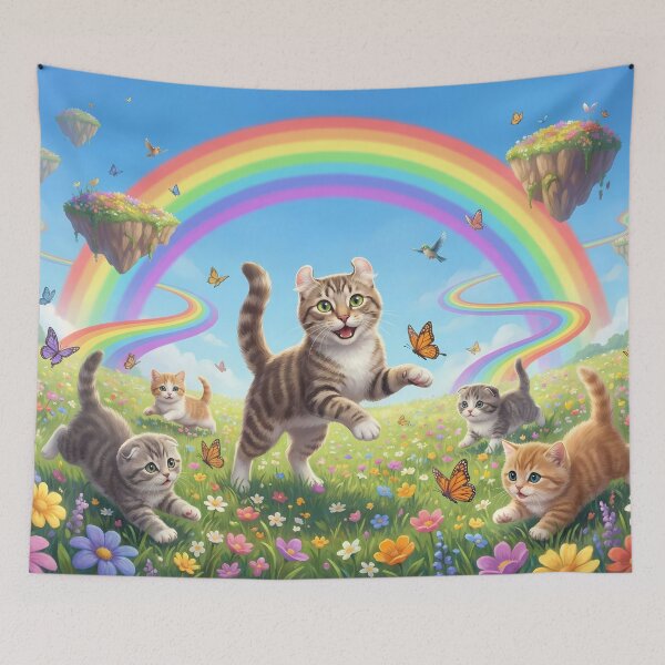 Item preview, Joyful American Curl and Kittens in Rainbow Paradise designed and sold by PetMemorialArt.