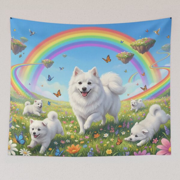 Item preview, Joyful American Eskimo Dog Family in Rainbow Paradise designed and sold by PetMemorialArt.