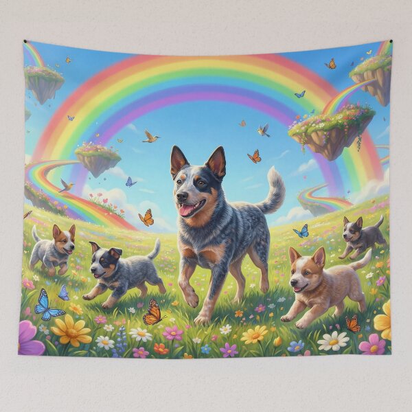 Item preview, Joyful Australian Cattle Dog Family in Rainbow Paradise designed and sold by PetMemorialArt.