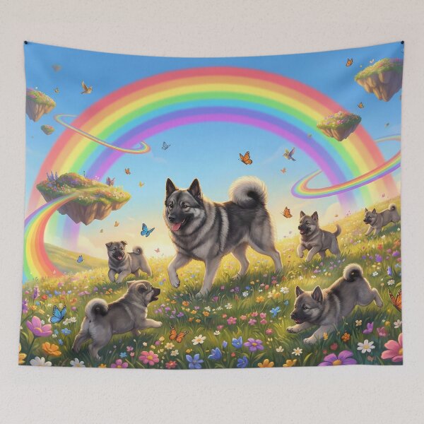 Item preview, Joyful Norwegian Elkhound Family in Rainbow Paradise designed and sold by PetMemorialArt.