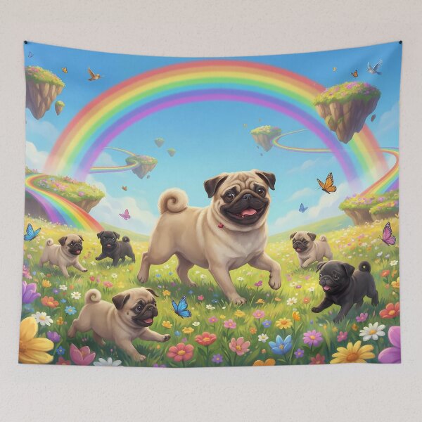 Item preview, Joyful Pug Family in Rainbow Paradise Flower Field designed and sold by PetMemorialArt.