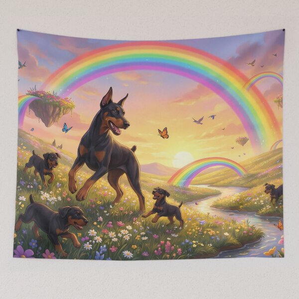 Item preview, Joyful Doberman Pinscher Family at Sunset Rainbow Paradise designed and sold by PetMemorialArt.