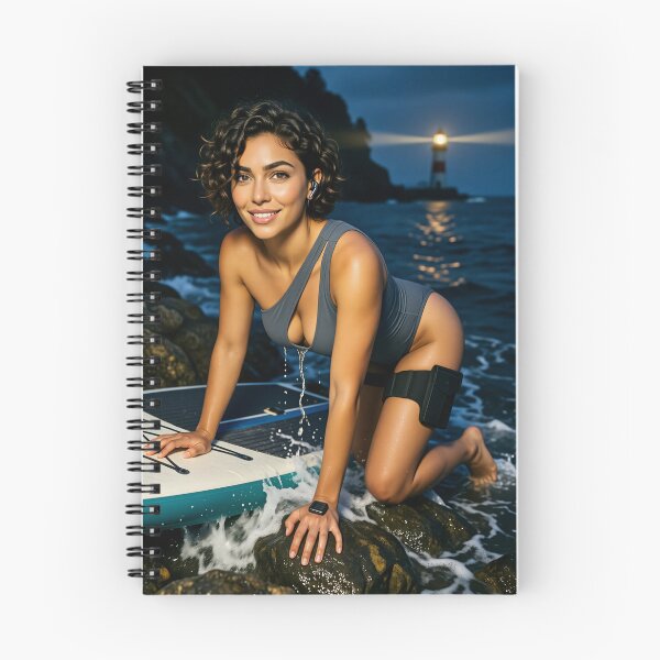 Item preview, Sarah in grey swimsuit on surfboard by lighthouse designed and sold by CathryneDelamort.