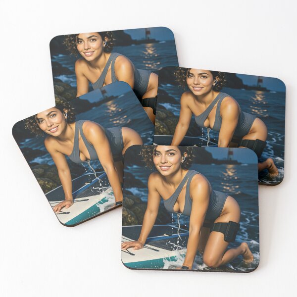 Item preview, Sarah in grey swimsuit on surfboard by lighthouse designed and sold by CathryneDelamort.