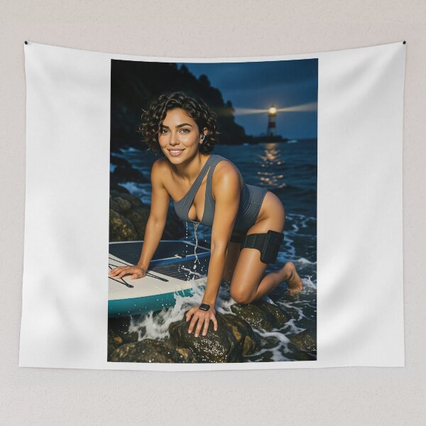 Item preview, Sarah in grey swimsuit on surfboard by lighthouse designed and sold by CathryneDelamort.
