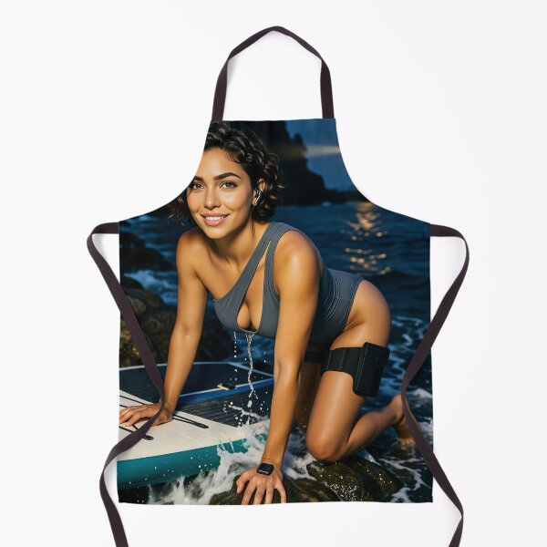 Item preview, Sarah in grey swimsuit on surfboard by lighthouse designed and sold by CathryneDelamort.