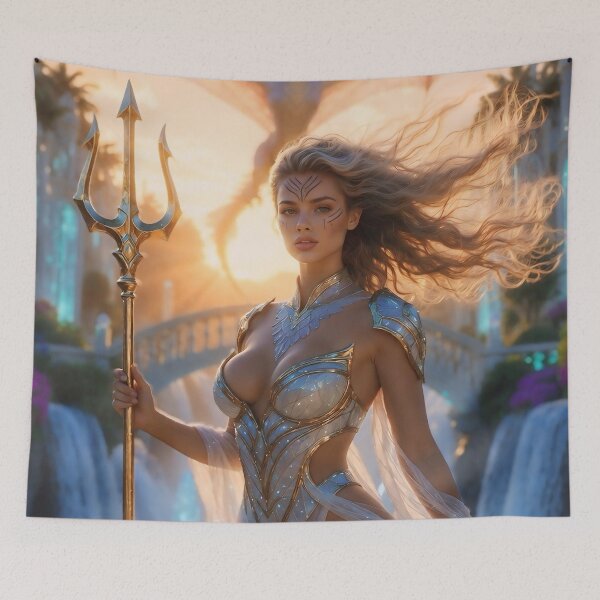 Item preview, Atlantis Sovereign Queen on Crystal Bridge – Pre-Sunken Golden Age Fantasy Art Print designed and sold by SunsetAngelsAI.