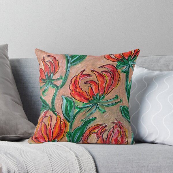 Item preview, Flame Lily Cushion Cover – Zimbabwe National Flower in Beige, Orange & Green designed and sold by Nikkiart24.redbubble.com.