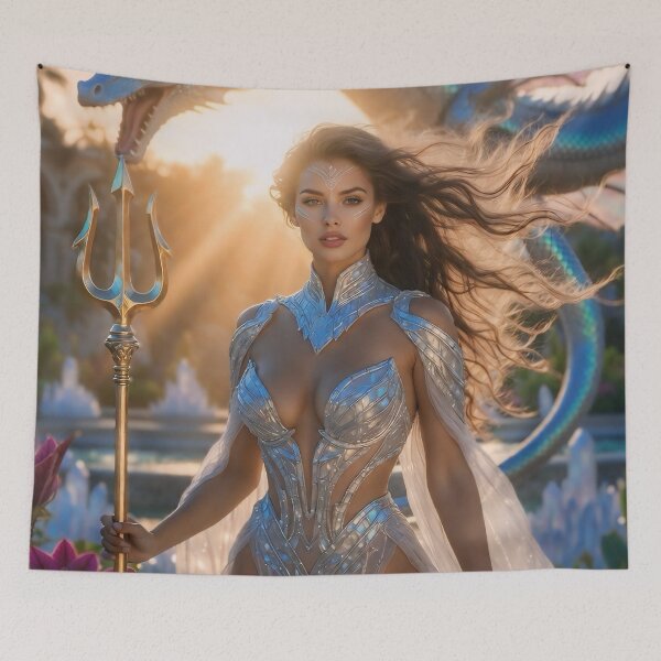 Item preview, Atlantis Sovereign Queen with Soaring Dragon – Pre-Sunken Golden Age Fantasy Glamour Art designed and sold by SunsetAngelsAI.
