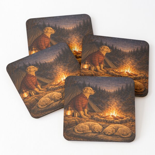 Item preview, Camping Labrador Dad Under the Stars – Cozy Retro Campfire with Sleeping Puppies designed and sold by PawPrintCustom.