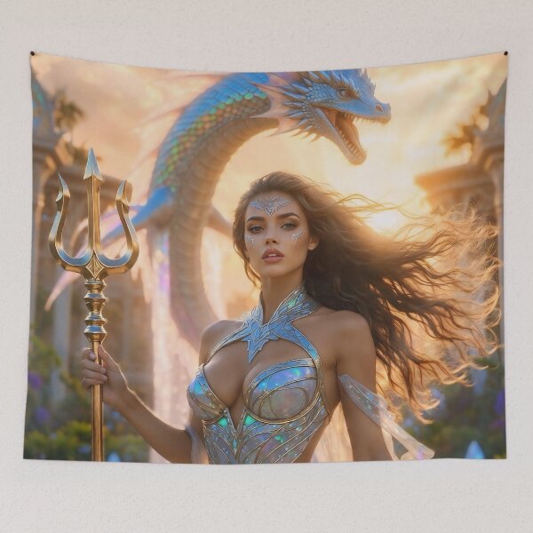Item preview, Atlantis Sovereign Queen with Soaring Dragon – Pre-Sunken Golden Age Fantasy Glamour Art Scene 2 designed and sold by SunsetAngelsAI.