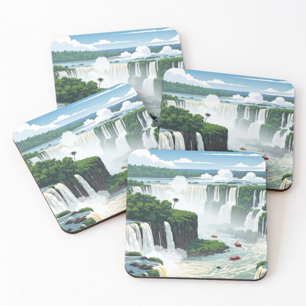 Item preview, Iguazu Falls Landscape with Lush Jungle and Tour Boats Vector Illustration designed and sold by lowbatterydept.