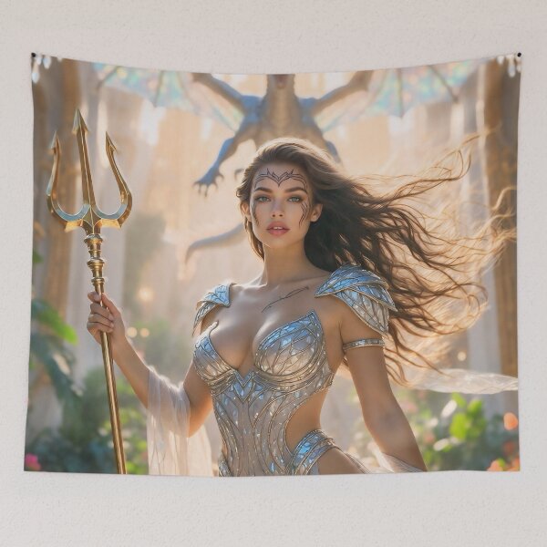 Item preview, Atlantis Sovereign Queen in Grand Palace Hall – Pre-Sunken Golden Age Fantasy Art designed and sold by SunsetAngelsAI.