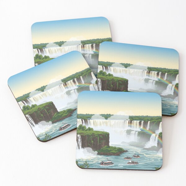 Item preview, Vibrant illustration of Iguazu Falls during sunset featuring a rainbow and several tour boats. designed and sold by lowbatterydept.