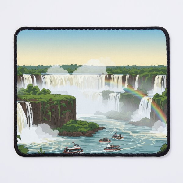 Item preview, Vibrant illustration of Iguazu Falls during sunset featuring a rainbow and several tour boats. designed and sold by lowbatterydept.