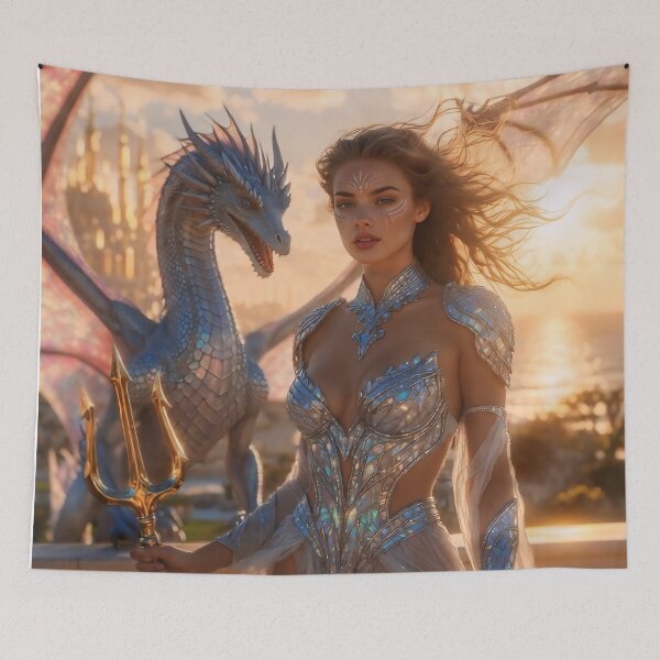 Item preview, Atlantis Sovereign Queen & Soaring Dragon – Pre-Sunken Golden Age Fantasy Glamour Art designed and sold by SunsetAngelsAI.