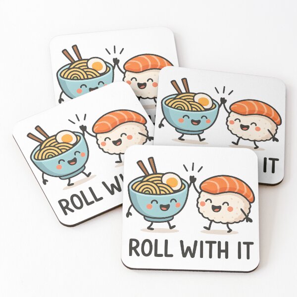 Item preview, Cute Sushi and Ramen Cartoon with Funny "Roll With It" Pun. designed and sold by The-T-In-Retro.