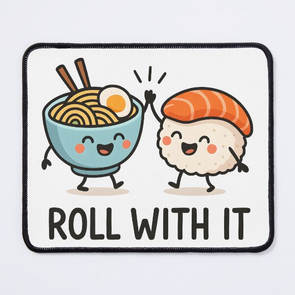 Item preview, Cute Sushi and Ramen Cartoon with Funny "Roll With It" Pun. designed and sold by The-T-In-Retro.