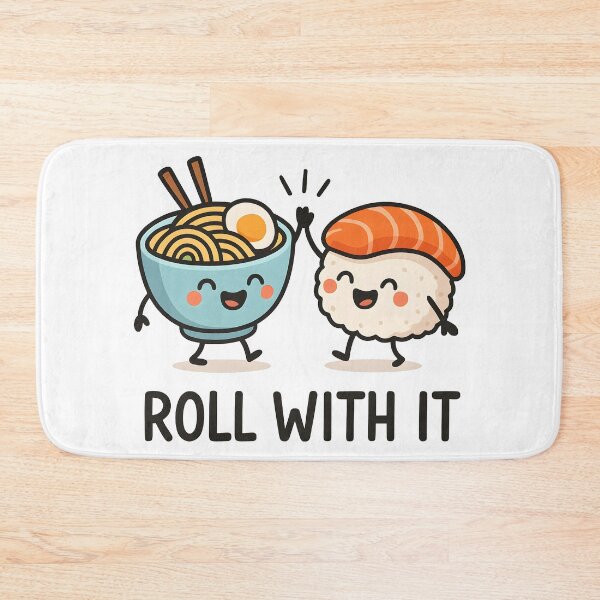 Item preview, Cute Sushi and Ramen Cartoon with Funny "Roll With It" Pun. designed and sold by The-T-In-Retro.