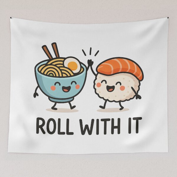 Item preview, Cute Sushi and Ramen Cartoon with Funny "Roll With It" Pun. designed and sold by The-T-In-Retro.