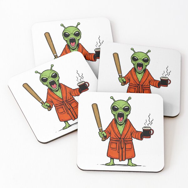 Item preview, Grumpy Alien in Bathrobe with Beer & Bat | Funny Sci-Fi Illustration designed and sold by Senkov.