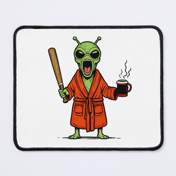 Item preview, Grumpy Alien in Bathrobe with Beer & Bat | Funny Sci-Fi Illustration designed and sold by Senkov.