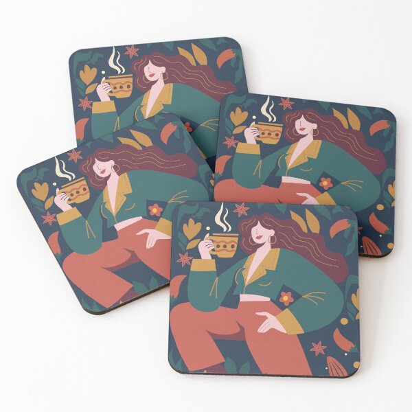 Item preview, relaxed woman enjoying a hot drink, surrounded by abstract flowers and leaves designed and sold by nesgalina.