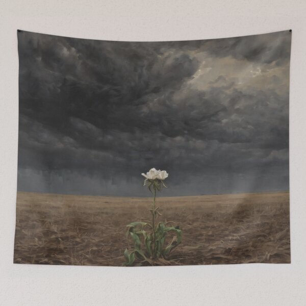 Item preview, White Flower in Barren Field Under Dark Storm Clouds – Dramatic Oil Painting of Isolation & Resilience designed and sold by Visualynx.