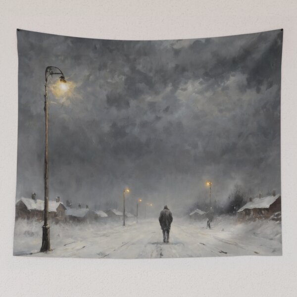 Item preview, Lonely Man Walking in Snowstorm – Dark Winter Street Oil Painting designed and sold by Visualynx.