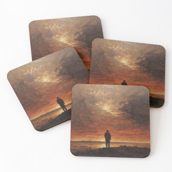 Item preview, Lone Soldier Under Burning Red Sky – Dramatic War-Themed Oil Painting designed and sold by Visualynx.