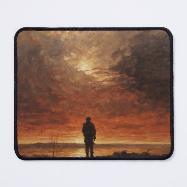 Item preview, Lone Soldier Under Burning Red Sky – Dramatic War-Themed Oil Painting designed and sold by Visualynx.