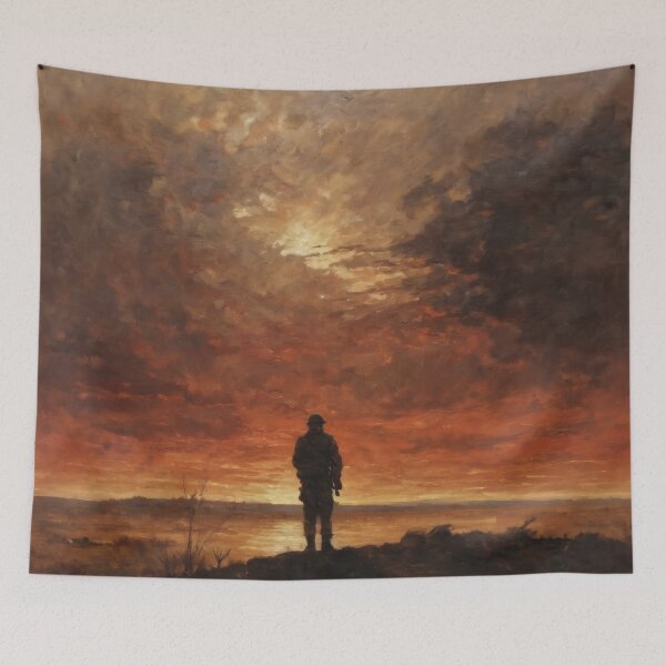 Item preview, Lone Soldier Under Burning Red Sky – Dramatic War-Themed Oil Painting designed and sold by Visualynx.