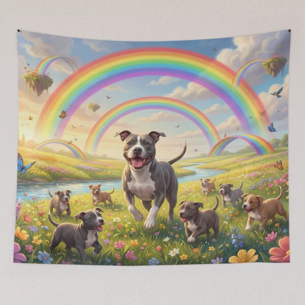 Item preview, Joyful American Pit Bull Terrier Family in Rainbow Paradise designed and sold by PetMemorialArt.
