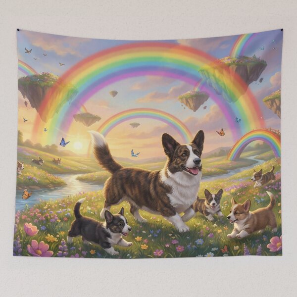 Item preview, Joyful Cardigan Welsh Corgi Family in Rainbow Paradise designed and sold by PetMemorialArt.
