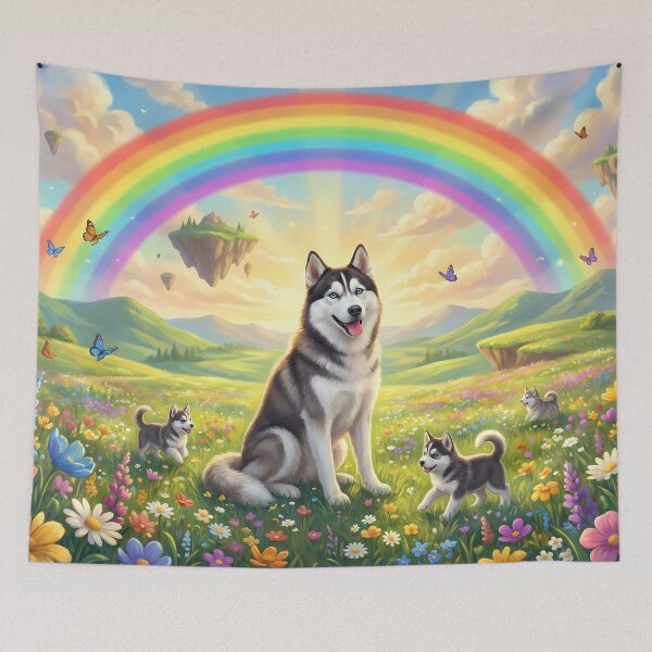 Item preview, Siberian Husky Family in Rainbow Paradise Field designed and sold by PetMemorialArt.