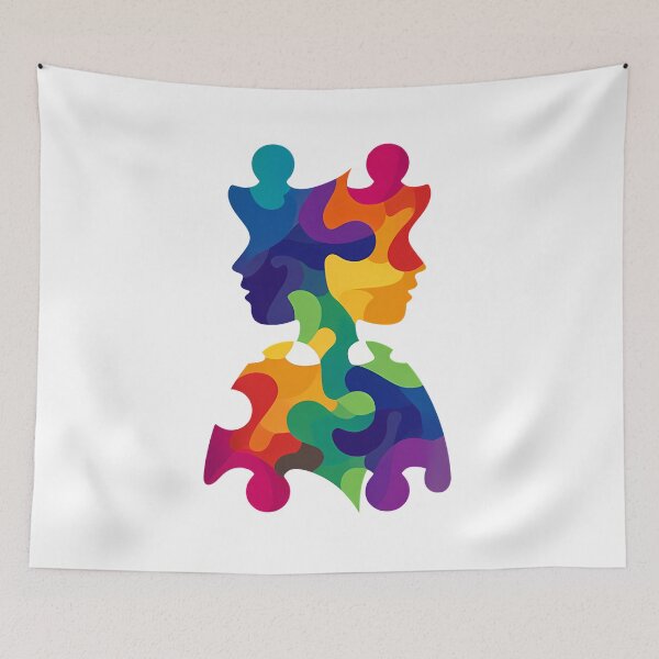 Item preview, Puzzle Piece Minds Unity Art - Colorful Interlocking Profiles Diversity & Connection Illustration Print designed and sold by DesignArtist.ia.