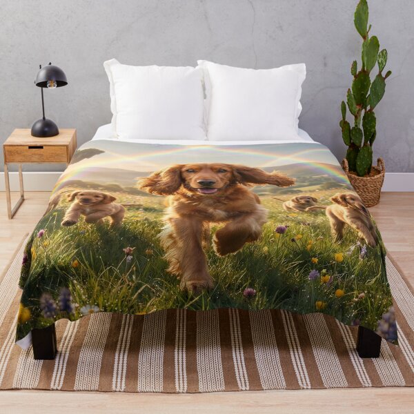 Item preview, Joyful English Cocker Spaniel Family Running in Rainbow Paradise Field designed and sold by PetMemorialArt.