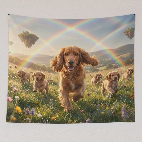 Item preview, Joyful English Cocker Spaniel Family Running in Rainbow Paradise Field designed and sold by PetMemorialArt.